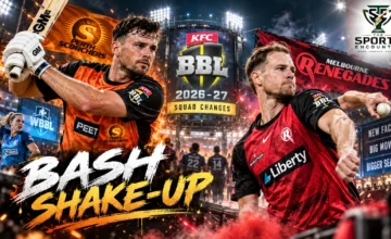 Editorial illustration of Aneurin Donald in Perth Scorchers colors alongside Big Bash cricket imagery, highlighting major BBL and WBBL squad changes ahead of the 2026-27 season.