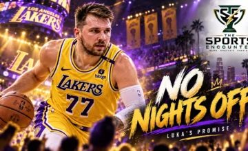 Luka Dončić wearing his Los Angeles Lakers No. 77 uniform in a cinematic basketball arena composition celebrating his promise of maximum effort ahead of the 2026-27 NBA season, with The Sports Encounter's official logo.