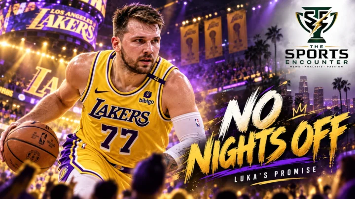 Luka Dončić wearing his Los Angeles Lakers No. 77 uniform in a cinematic basketball arena composition celebrating his promise of maximum effort ahead of the 2026-27 NBA season, with The Sports Encounter's official logo.
