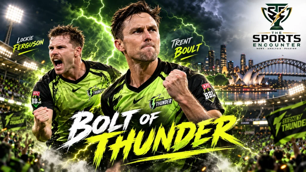 Trent Boult and Lockie Ferguson featured in a Sydney Thunder-themed Big Bash League 2026-27 graphic highlighting their new fast-bowling partnership.