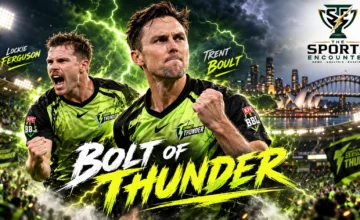 Trent Boult and Lockie Ferguson featured in a Sydney Thunder-themed Big Bash League 2026-27 graphic highlighting their new fast-bowling partnership.