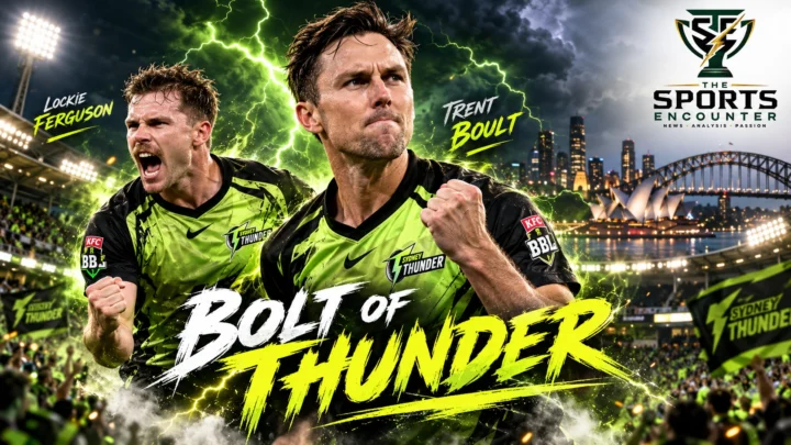 Trent Boult and Lockie Ferguson featured in a Sydney Thunder-themed Big Bash League 2026-27 graphic highlighting their new fast-bowling partnership.
