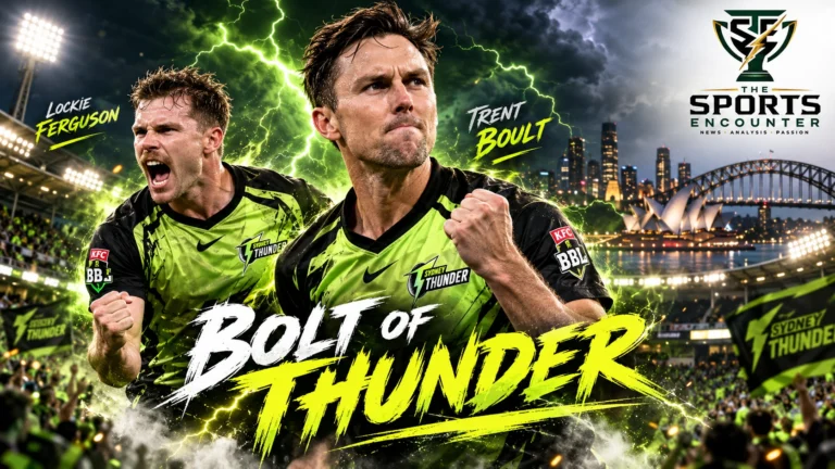 Trent Boult and Lockie Ferguson featured in a Sydney Thunder-themed Big Bash League 2026-27 graphic highlighting their new fast-bowling partnership.