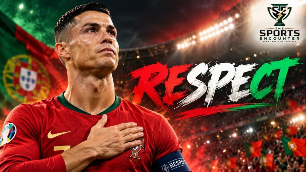 Lionel Messi wearing Argentina's blue-and-white national team jersey alongside Cristiano Ronaldo in Portugal's red jersey, representing Ronaldo's tribute following Messi's October 2026 international retirement.