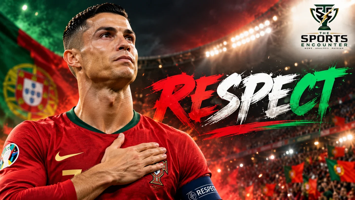 Lionel Messi wearing Argentina's blue-and-white national team jersey alongside Cristiano Ronaldo in Portugal's red jersey, representing Ronaldo's tribute following Messi's October 2026 international retirement.