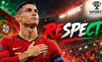 Lionel Messi wearing Argentina's blue-and-white national team jersey alongside Cristiano Ronaldo in Portugal's red jersey, representing Ronaldo's tribute following Messi's October 2026 international retirement.
