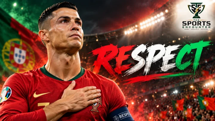 Lionel Messi wearing Argentina's blue-and-white national team jersey alongside Cristiano Ronaldo in Portugal's red jersey, representing Ronaldo's tribute following Messi's October 2026 international retirement.