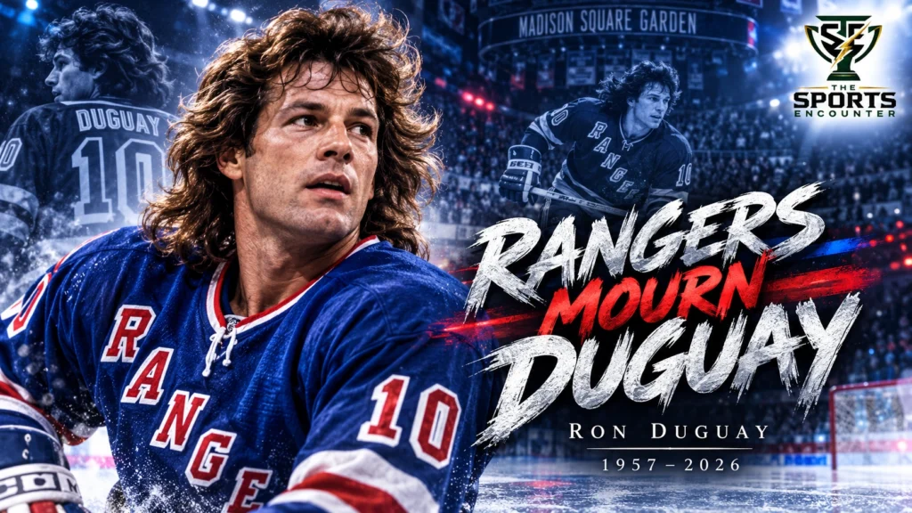 Former New York Rangers star Ron Duguay in his classic blue Rangers jersey, commemorating the NHL All-Star who died at age 69 in October 2026 after battling colon cancer.