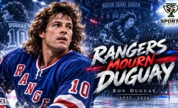 Former New York Rangers star Ron Duguay in his classic blue Rangers jersey, commemorating the NHL All-Star who died at age 69 in October 2026 after battling colon cancer.