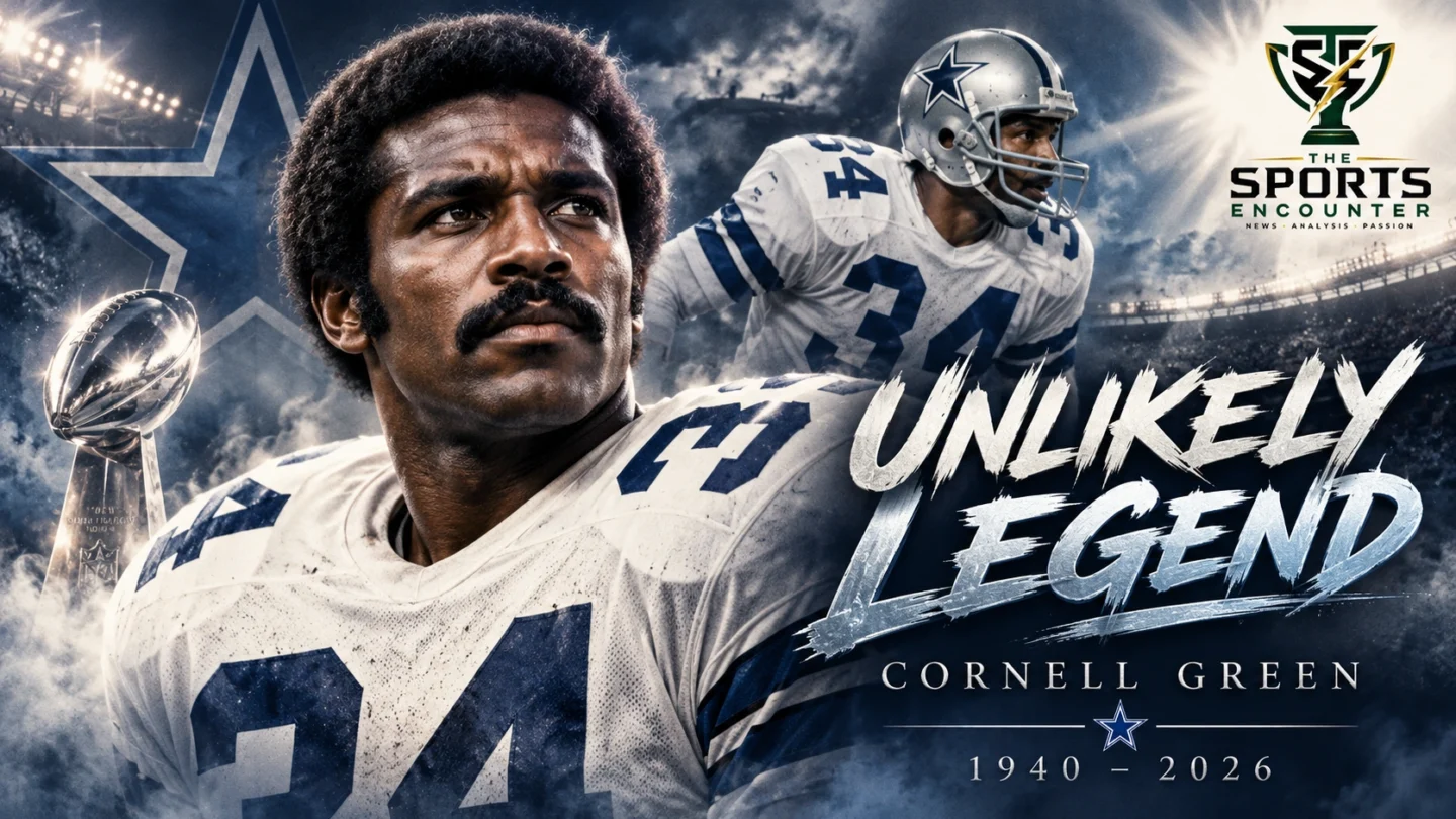 Memorial illustration of former Dallas Cowboys defensive back Cornell Green in his No. 34 uniform, commemorating his 1962–1974 NFL career, the Doomsday Defense and Super Bowl VI championship, with The Sports Encounter's official logo.