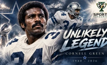 Memorial illustration of former Dallas Cowboys defensive back Cornell Green in his No. 34 uniform, commemorating his 1962–1974 NFL career, the Doomsday Defense and Super Bowl VI championship, with The Sports Encounter's official logo.