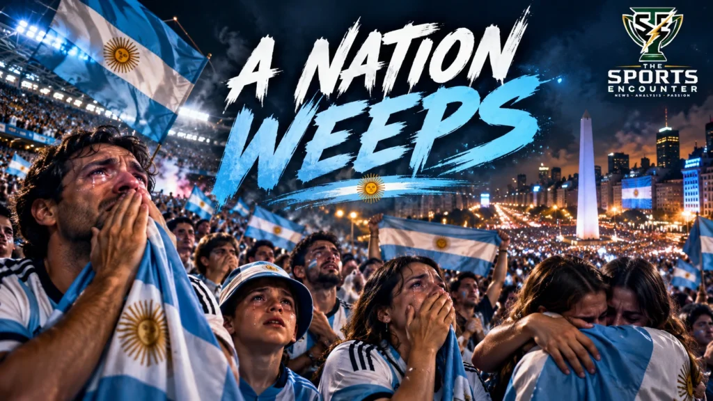 Emotional Argentina supporters in blue and white gather in Buenos Aires, many in tears beneath the headline “A Nation Weeps,” with The Sports Encounter logo in the top-right corner.