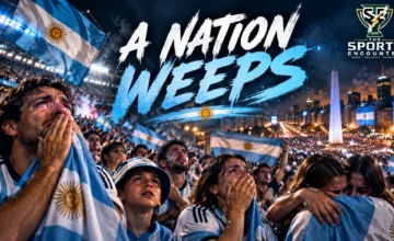 Emotional Argentina supporters in blue and white gather in Buenos Aires, many in tears beneath the headline “A Nation Weeps,” with The Sports Encounter logo in the top-right corner.