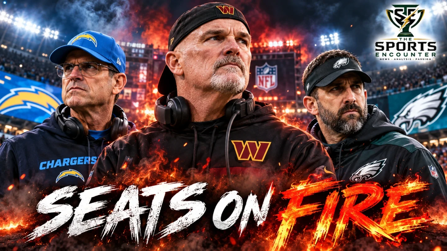 Washington Commanders coach Dan Quinn, Los Angeles Chargers coach Jim Harbaugh and Philadelphia Eagles coach Nick Sirianni featured in an NFL 2026 coaching hot-seat editorial graphic.
