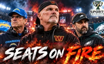Washington Commanders coach Dan Quinn, Los Angeles Chargers coach Jim Harbaugh and Philadelphia Eagles coach Nick Sirianni featured in an NFL 2026 coaching hot-seat editorial graphic.