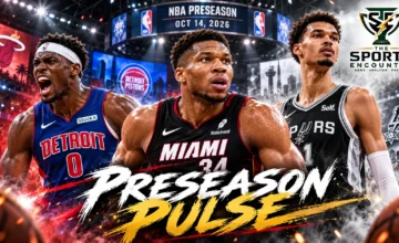 Giannis Antetokounmpo of the Miami Heat, Jalen Duren of the Detroit Pistons and Victor Wembanyama of the San Antonio Spurs in an NBA preseason October 14, 2026, editorial graphic.