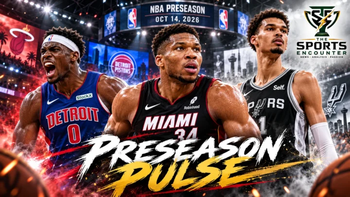 Giannis Antetokounmpo of the Miami Heat, Jalen Duren of the Detroit Pistons and Victor Wembanyama of the San Antonio Spurs in an NBA preseason October 14, 2026, editorial graphic.