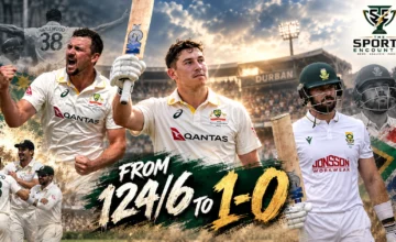 Matt Renshaw batting for Australia during his 190 against South Africa and Josh Hazlewood celebrating a wicket during Australia's 214-run Durban Test victory in October 2026.