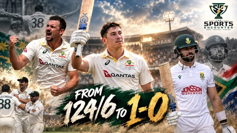 Matt Renshaw batting for Australia during his 190 against South Africa and Josh Hazlewood celebrating a wicket during Australia's 214-run Durban Test victory in October 2026.