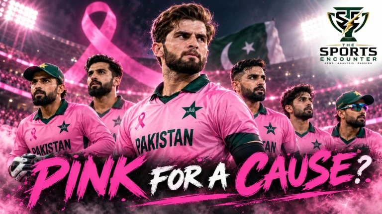 Social-media graphic showing Pakistan cricketers in pink jerseys and claiming the team will wear pink against Sri Lanka for breast cancer awareness during the October 2026 ODI tri-series.