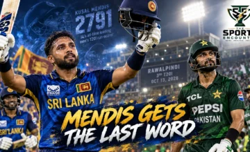 Sri Lanka captain Kusal Mendis celebrates his unbeaten 87 against Pakistan, alongside Pakistan captain Sahibzada Farhan, during the third T20I in Rawalpindi on October 13, 2026.