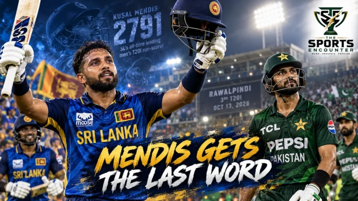 Sri Lanka captain Kusal Mendis celebrates his unbeaten 87 against Pakistan, alongside Pakistan captain Sahibzada Farhan, during the third T20I in Rawalpindi on October 13, 2026.
