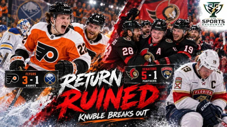 Philadelphia Flyers rookie Cole Knuble celebrates his first NHL goals against Buffalo, alongside an Ottawa Senators celebration following their 5-1 win over the Florida Panthers on October 21, 2026.