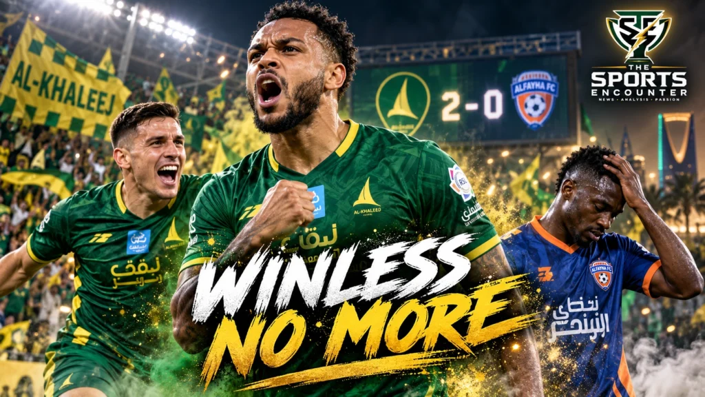 Joshua King and Mateo Benegas of Al-Khaleej celebrate their 2-0 Saudi Pro League victory over Al-Fayha on October 15, 2026.