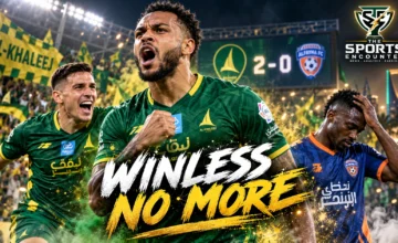 Joshua King and Mateo Benegas of Al-Khaleej celebrate their 2-0 Saudi Pro League victory over Al-Fayha on October 15, 2026.