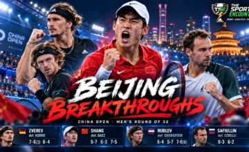 Alexander Zverev, Juncheng Shang and Andrey Rublev during the China Open 2026 men’s Round of 32 in Beijing