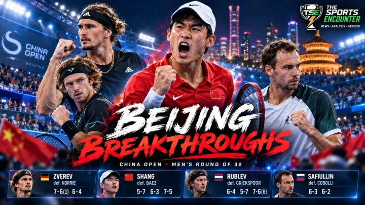 Alexander Zverev, Juncheng Shang and Andrey Rublev during the China Open 2026 men’s Round of 32 in Beijing