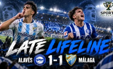 Proposed cinematic football illustration showing Aitor Mañas celebrating Alavés' late equalizer against Málaga, with Adrián Niño representing the visitors' first-half lead and The Sports Encounter's official logo.