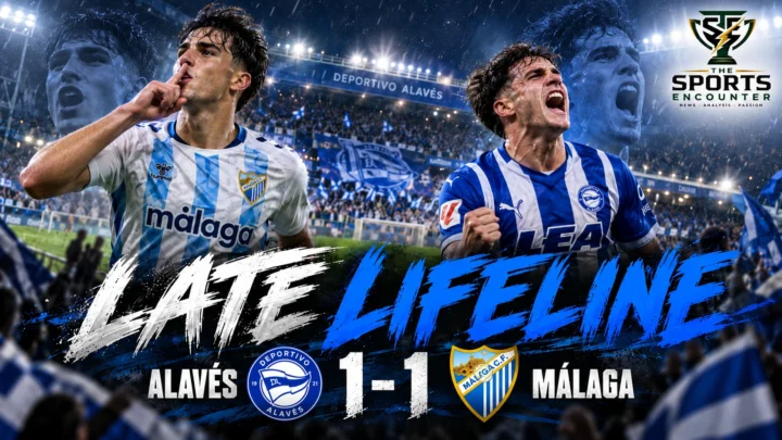Proposed cinematic football illustration showing Aitor Mañas celebrating Alavés' late equalizer against Málaga, with Adrián Niño representing the visitors' first-half lead and The Sports Encounter's official logo.