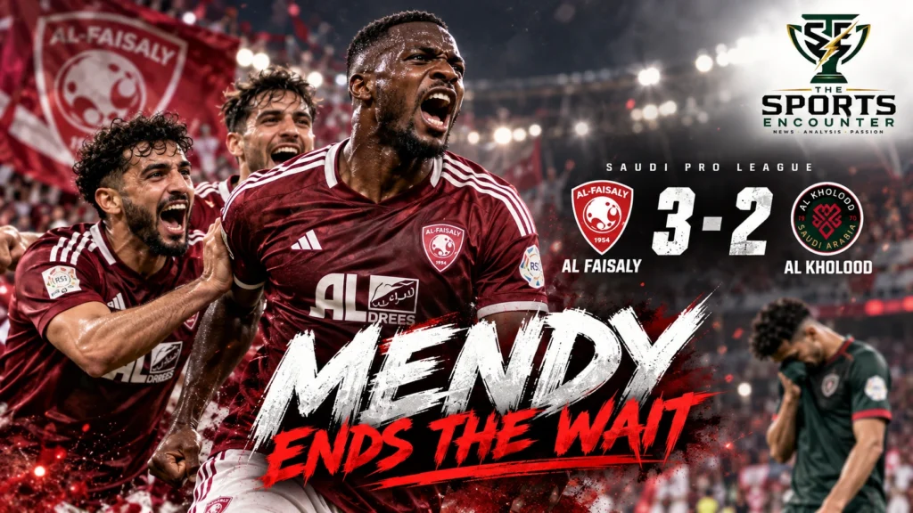 Alexandre Mendy of Al Faisaly featured in a Saudi Pro League match graphic celebrating his hat trick against Al Kholood in a 3-2 victory on October 15, 2026.