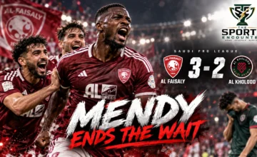 Alexandre Mendy of Al Faisaly featured in a Saudi Pro League match graphic celebrating his hat trick against Al Kholood in a 3-2 victory on October 15, 2026.
