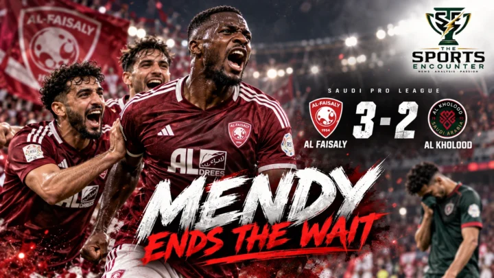 Alexandre Mendy of Al Faisaly featured in a Saudi Pro League match graphic celebrating his hat trick against Al Kholood in a 3-2 victory on October 15, 2026.
