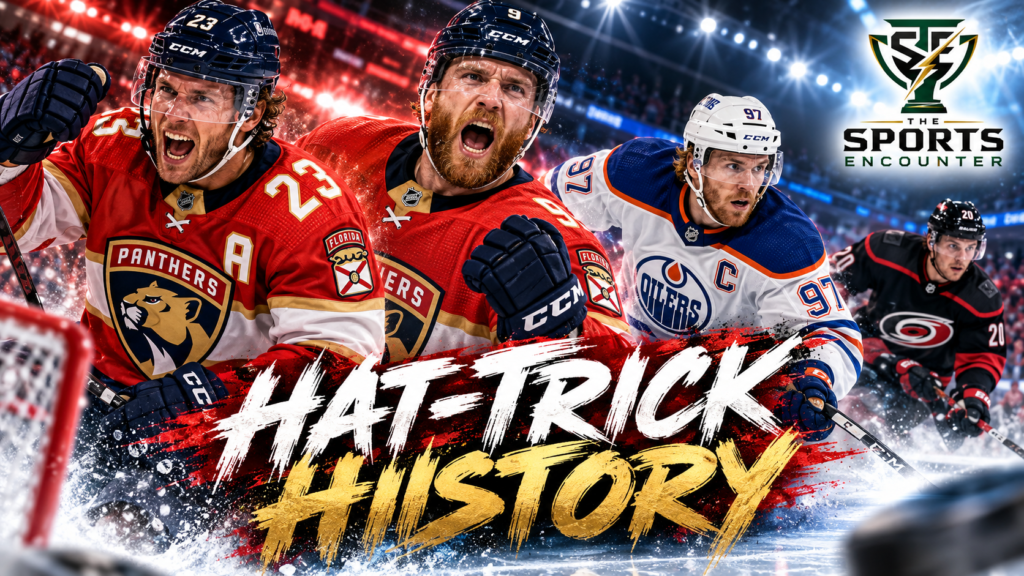 Carter Verhaeghe and Sam Bennett celebrate Florida's historic hat-trick night, alongside Connor McDavid and Carolina Hurricanes players in a cinematic NHL October 17, 2026 roundup graphic.