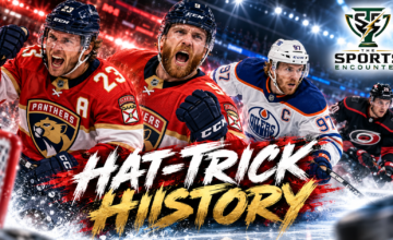 Carter Verhaeghe and Sam Bennett celebrate Florida's historic hat-trick night, alongside Connor McDavid and Carolina Hurricanes players in a cinematic NHL October 17, 2026 roundup graphic.