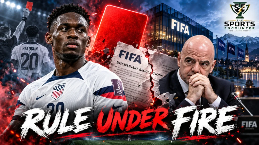 Folarin Balogun in the United States national team jersey alongside FIFA President Gianni Infantino, illustrating the controversy over his 2026 World Cup red-card suspension.