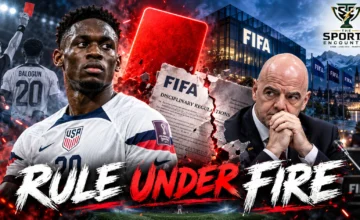 Folarin Balogun in the United States national team jersey alongside FIFA President Gianni Infantino, illustrating the controversy over his 2026 World Cup red-card suspension.