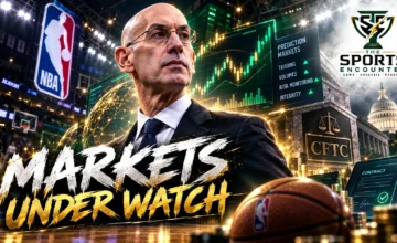Editorial illustration of an NBA basketball court alongside financial prediction-market graphics and the CFTC, Kalshi and Polymarket names, featuring the official The Sports Encounter logo.