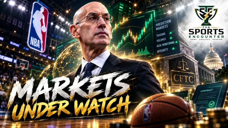 Editorial illustration of an NBA basketball court alongside financial prediction-market graphics and the CFTC, Kalshi and Polymarket names, featuring the official The Sports Encounter logo.