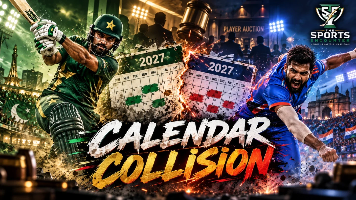 Pakistan Super League and Indian Premier League cricket players competing in a cinematic illustration of the overlapping PSL 2027 and IPL tournament calendars.