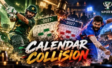 Pakistan Super League and Indian Premier League cricket players competing in a cinematic illustration of the overlapping PSL 2027 and IPL tournament calendars.
