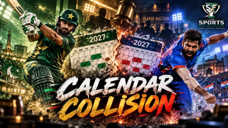 Pakistan Super League and Indian Premier League cricket players competing in a cinematic illustration of the overlapping PSL 2027 and IPL tournament calendars.
