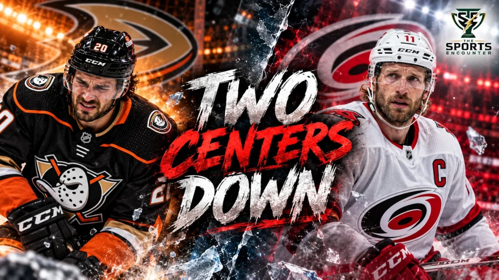 Anaheim Ducks center Ryan Poehling and Carolina Hurricanes captain Jordan Staal in a split-image graphic highlighting their October 2026 knee and calf injuries.