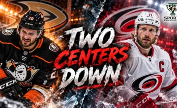 Anaheim Ducks center Ryan Poehling and Carolina Hurricanes captain Jordan Staal in a split-image graphic highlighting their October 2026 knee and calf injuries.
