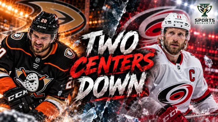 Anaheim Ducks center Ryan Poehling and Carolina Hurricanes captain Jordan Staal in a split-image graphic highlighting their October 2026 knee and calf injuries.
