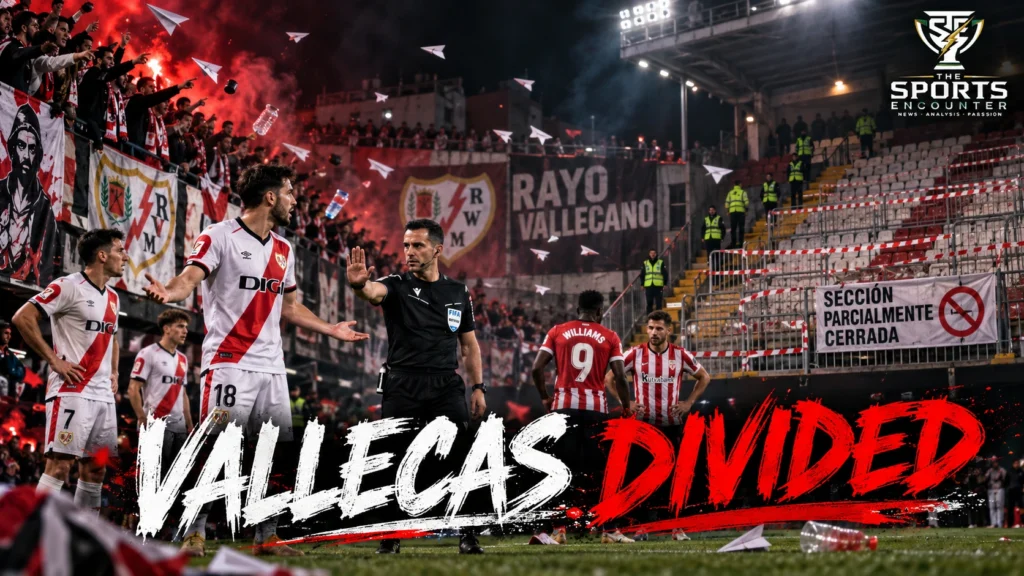 Rayo Vallecano supporters launching paper airplanes during protests at Estadio de Vallecas as the Athletic Club match is abandoned and the club receives a partial stadium ban.
