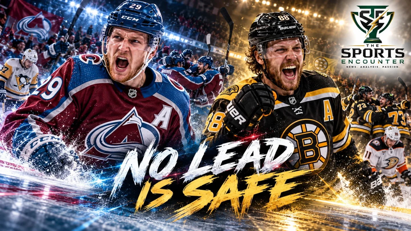 Nathan MacKinnon of the Colorado Avalanche and David Pastrnak of the Boston Bruins featured in an NHL October 16, 2026 graphic celebrating their comeback victories over Pittsburgh and Anaheim.